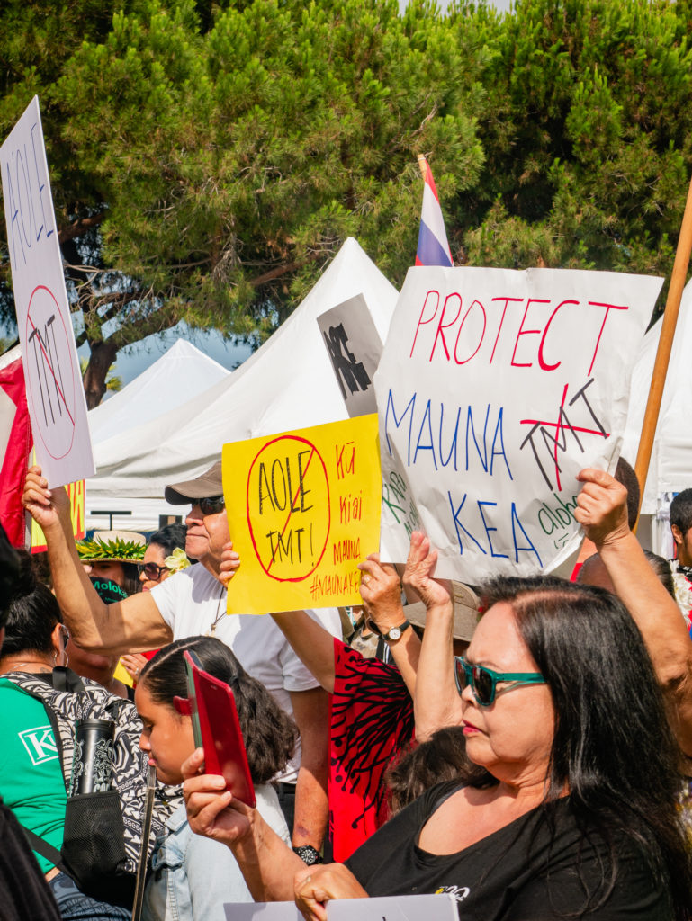 protest signs read: protect mauna kea and aole tmt